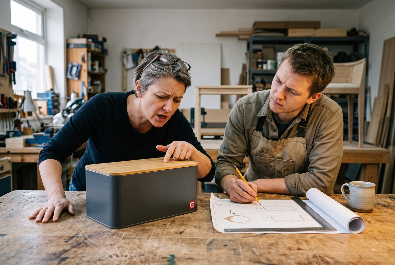 Technical drawings and prototype parts laid out on a workbench