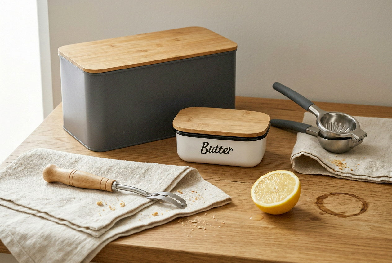 Bread box, butter dish, lemon squeezer and bread lame on an oak worktop with a linen towel, crumbs and a cut lemon